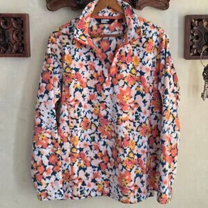 Lands End Womens Pullover 1/4 Zip Fleece Orange Floral Long Sleeve Cozy NWOT✨️L